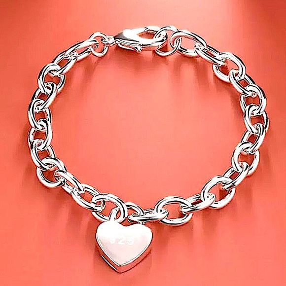 Heart Lock Sterling Silver Pendant Charm Chain Link Bracelet - Picture 1 of 2